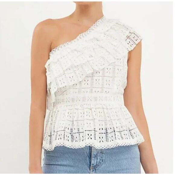 Endless Rose One Shoulder Eyelet Lace Peplum Top‎ Size Large - Picture 1 of 11